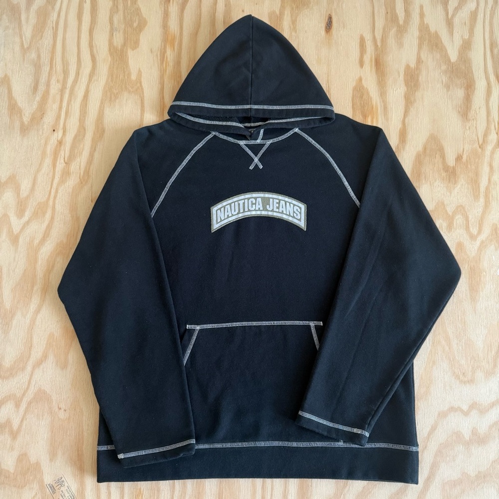 Vintage Nautica Jeans Hoodie Black Spell Out Pullover Mens Large